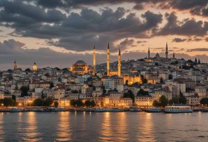 نمایی پانوراما از شهر استانبول در غروب آفتاب، با خط افق مشخص و نورپردازی ملایم، که حس اصالت و فرهنگ موسیقی ترکی را القا می‌کند.